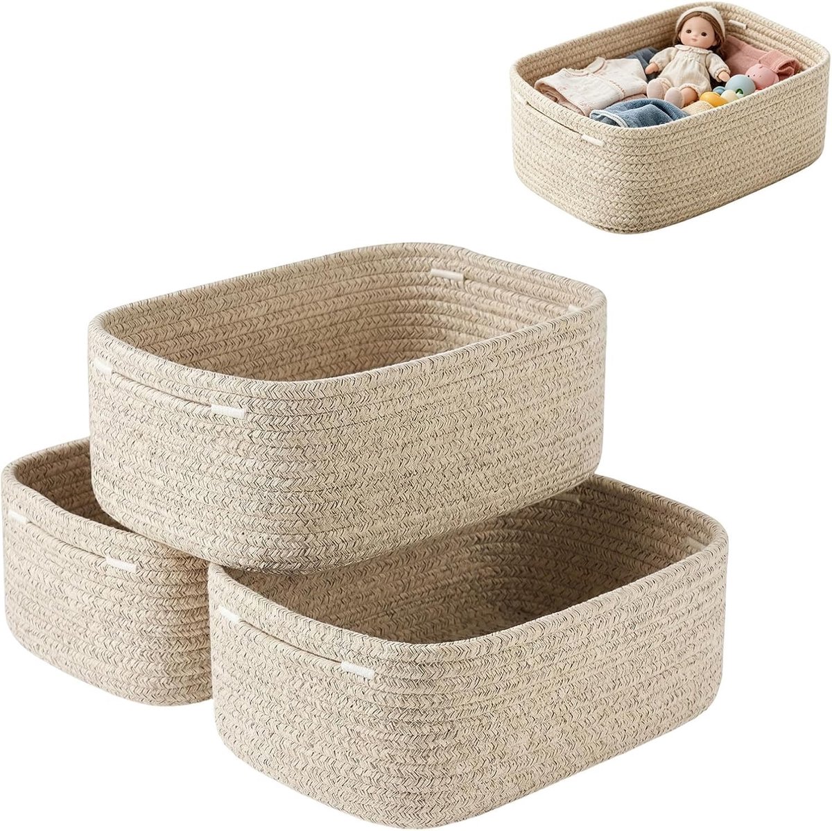 Set van 3 opbergmanden, gevlochten katoenen touw, 33 x 20 cm, opbergmanden met handgrepen, stapelbare, multifunctionele organizer, gevlochten mand voor opbergkubussen (linnen)