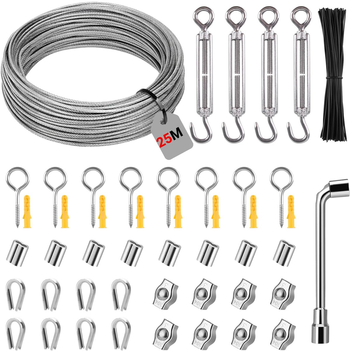 Stalen Staalkabelset 25m 3mm, Staalkabel Met M5 Ogen, Kabelspanner, Spanslot, Spandraad, Pvc-Ommanteld Voor Klimplanten, Hekken, Lichtophanging, Waslijn