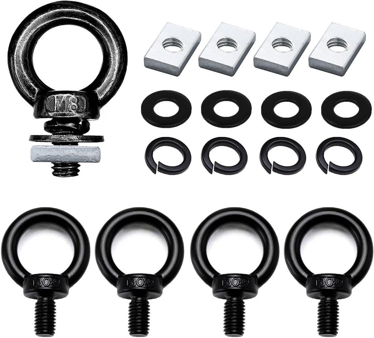 4 stuks (16 stuks) M8 roestvrij staal heavy duty hefoogschroeven met moeren, T-track mount tie-down ankerkit voor dakrek, houd bungeekabels, touwen, haken (zwart)