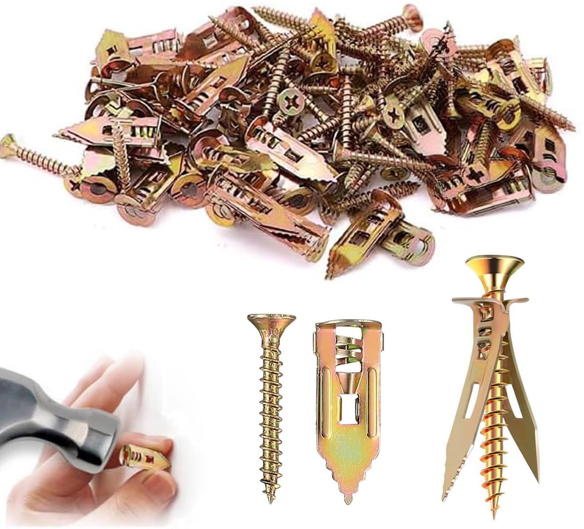 Gipsplaatpluggen met schroeven, gipsplaatpluggen, pluggenset, hamer-in-stretchschroef, geen boren of gaten in de muur (50 stuks stalen pluggen 1,2 x 3 cm en schroeven)