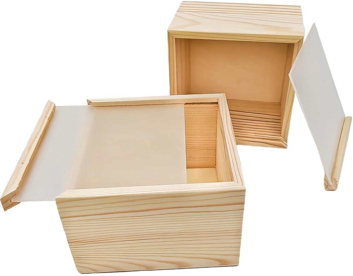 Opbergdozen, ongelakt, met schuifdeksel van acryl, vierkante houten kist voor knutselopslag en decoratieve organizer, 12 x 12 x 8 cm, 2 stuks