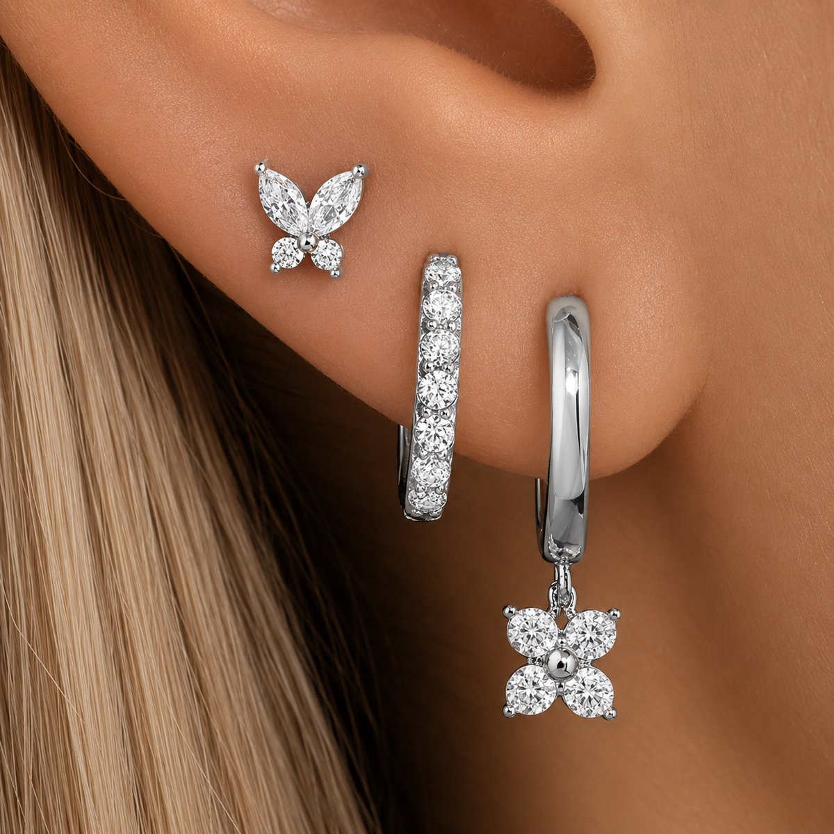 Oorbellen Set - 3 stuks - Kleur: Zilver - Luxe Oorbellen - Incl. Cadeauverpakking - Oorhangers / Oorring / Oorknopjes - Hoge Kwaliteit RVS - Stainless Steel / Roestvrijstaal - Verkleurt Niet - Oorbellen Set - Oorbellen Vrouwen / Dames