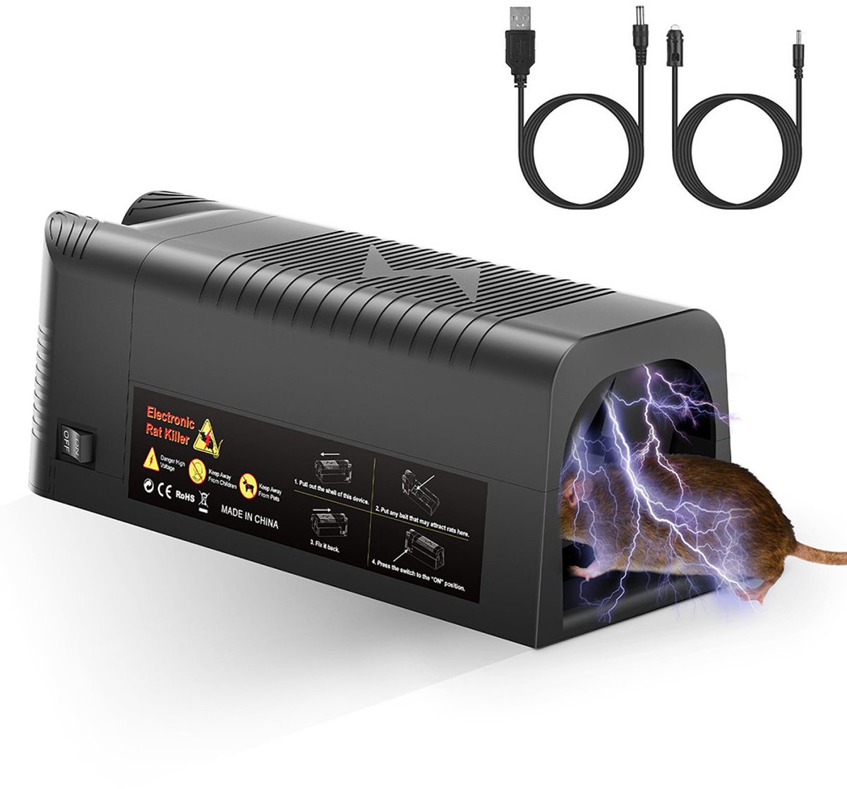 Elektrische muizenval - Rattenverdelger voor binnen - Inclusief twee oplaadkabels - Volautomatische muizenval - Rattenverdelger voor thuis - ABS+PC - 26*10*9,7 cm - Veilig en duurzaam - Zwart