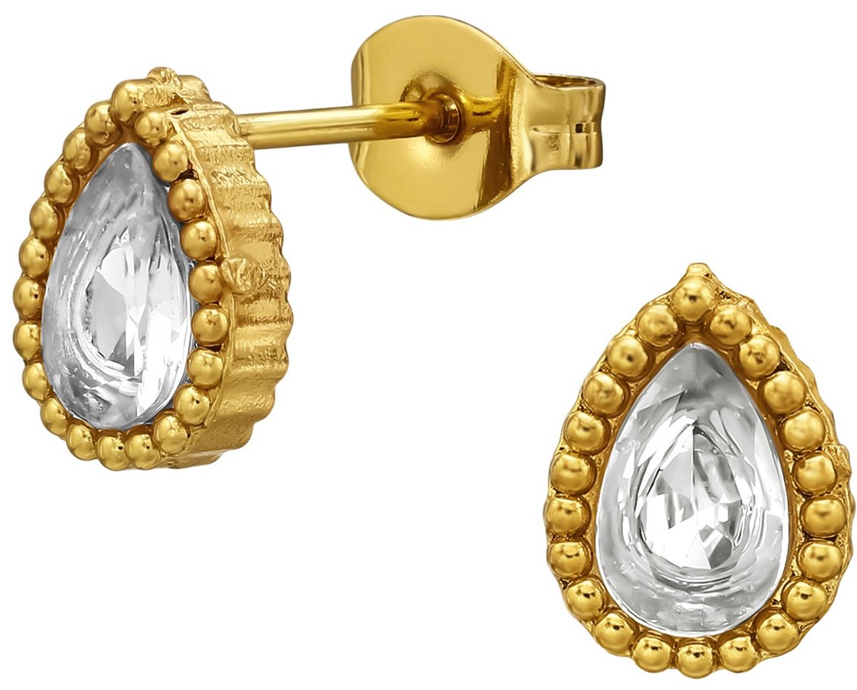 Joy Ibiza - druppel oorbellen met zirkonia - chirurgisch staal - 7 x 8.5 mm - dots bewerkt randje - ip/pvd gold plated
