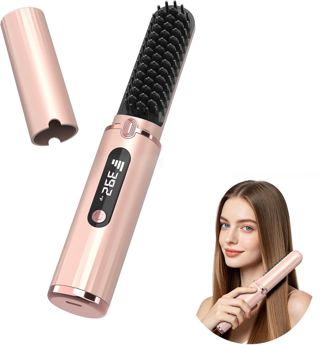 Draadloze Stylingborstel - 4 Temperatuurinstellingen - Elektrische Haarborstel - Stijltang - Warmteborstel - Compact - Tpye-c Oplaadbaar - voor alle haartypes - Roze