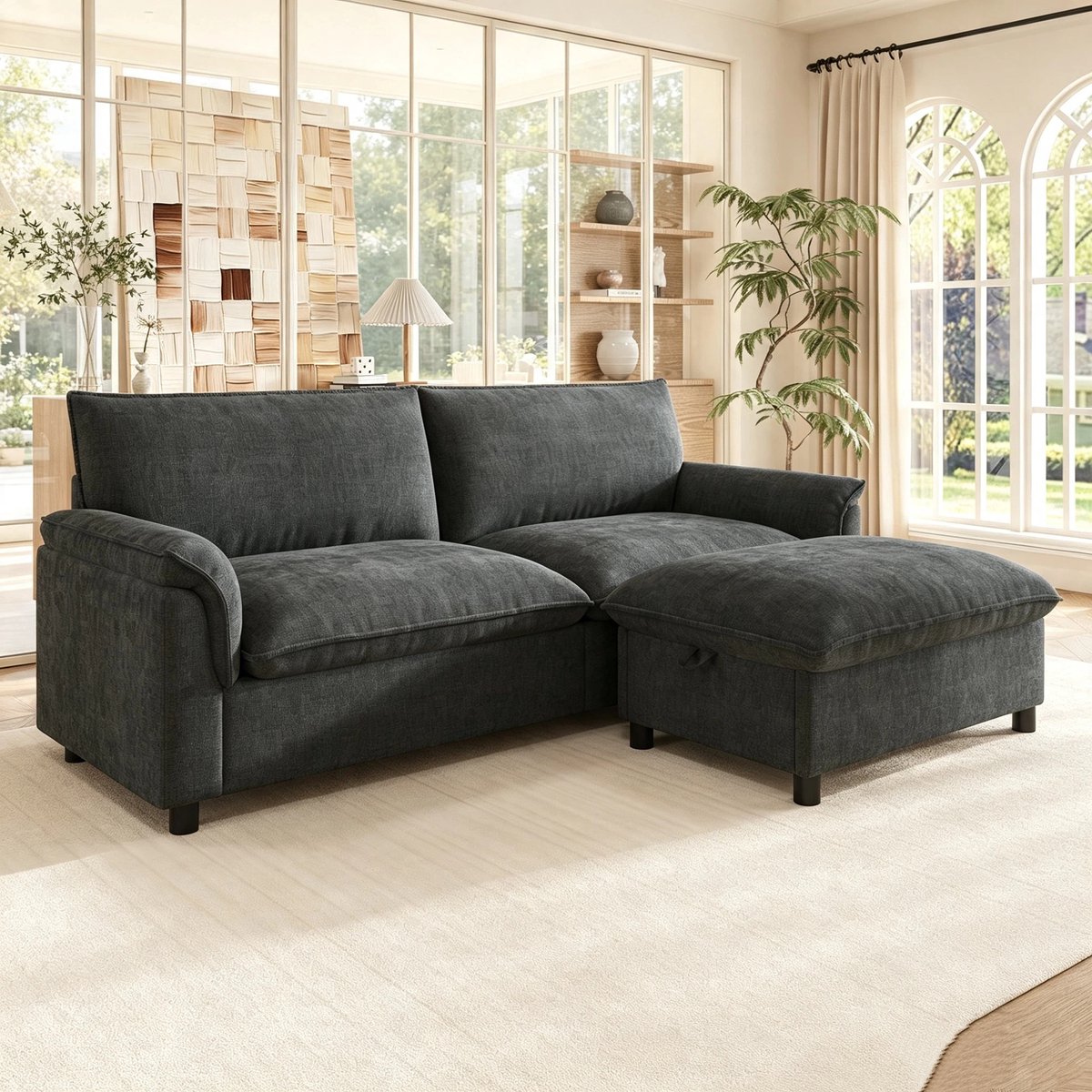 Modulaire Cloud Hoekbank, Moderne Hoekbank, L-Bank, 2-Zitsbank, Comfortabele Hoekbank voor de Woonkamer, Modern Design met Diepe Zitting, Extra Grote Cloud Bank, met Verplaatsbare Voetenbank, Hoge Rugleuning-Zwart