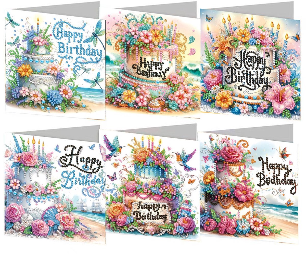 Casalora Diamond Painting kaarten - 6 Diamond Painting Wenskaarten - Verjaardagsthema - DIY Kaarten, Speciale Diamanten, Enveloppen en Accessoires - A