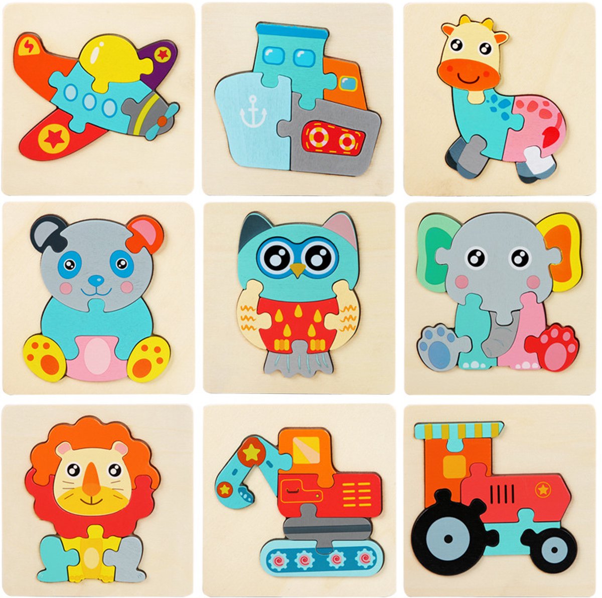 Houten 3D Dierenpuzzel - 9 Stuks Educatief Speelgoed - Vorm En Nummer Legpuzzel - Voor Peuters Van 1 Tot 3 Jaar - Cadeau Voor Kinderen