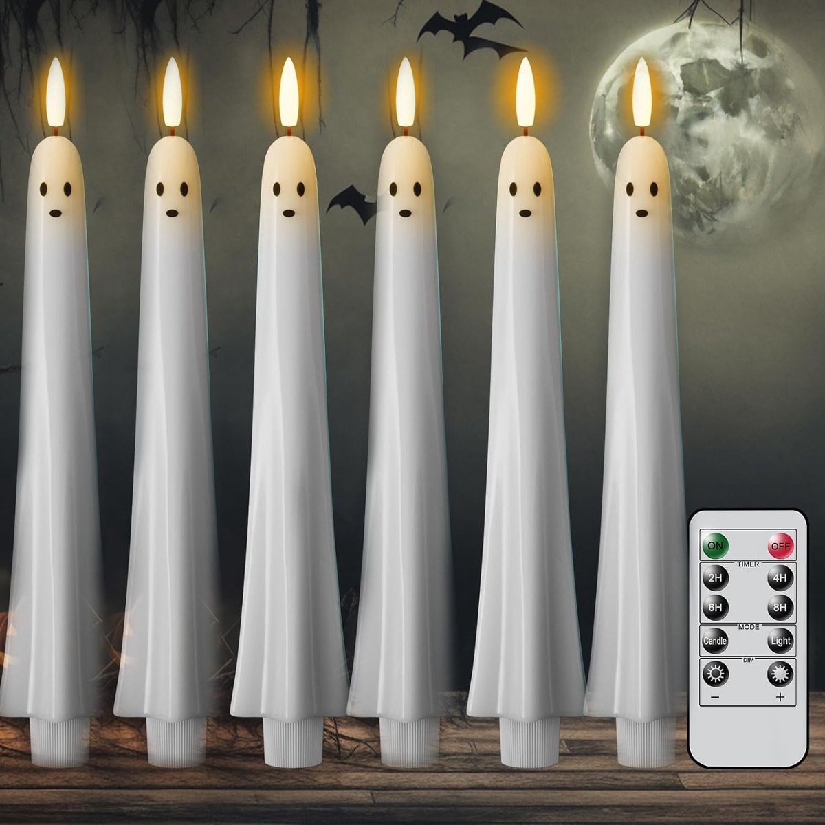 Ulisem - Spookkaars - Lange ledkaars met afstandsbediening en timer - Flikkerend effect met 3D spookontwerp - Batterijgevoede vlambeweging - Zonder rook en geur - Geschikt voor halloween en kerst - Veilig voor kinderen - 6 stuks