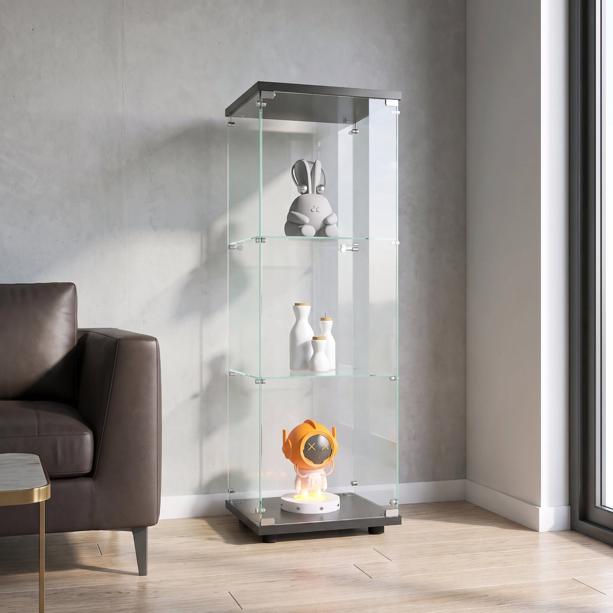 Moderne Glazen Vitrinekast met 3 Glazen Planken, 1 Deur met Veiligheidsslot, Gehard Glas, 125x42x36cm, Geschikt voor Woonkamer, Slaapkamer, Kantoor (Zwart)