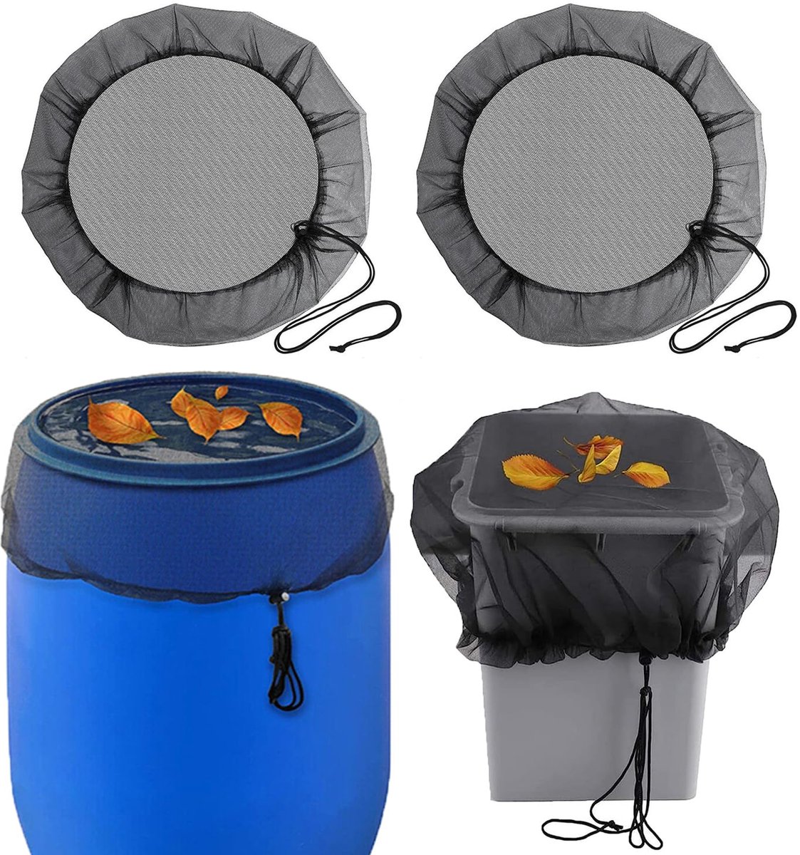 Namajunas - Bladvanger net voor regenton met trekkoord - 2 stuks - Diameter 95 cm en 100 cm - Insectennet - Filter voor regenton - Met trekkoord - Beschermt tegen muggen, bladeren, insecten en ander vuil
