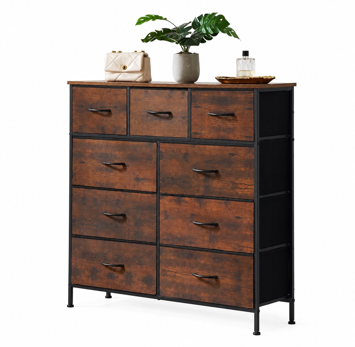 Loushops - Kledingkast - Kast - Ladekast - Dressoir - Opbergkast - 9 Lades - Industrieel - Hout - Staal - 30 x 100 x 101,5 cm