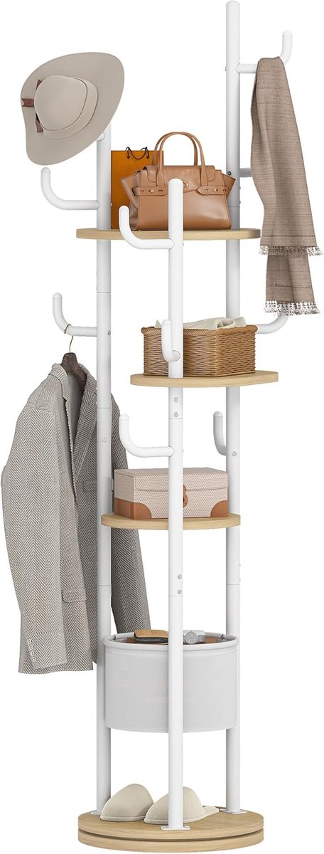 HILINSIE Kapstokstandaard, draaibare jakkenstandaard, vrijstaande kledingstandaard met 11 L-vormige haken, grote opbergmand, 4 planken, voor slaapkamer, gang, entree, wit