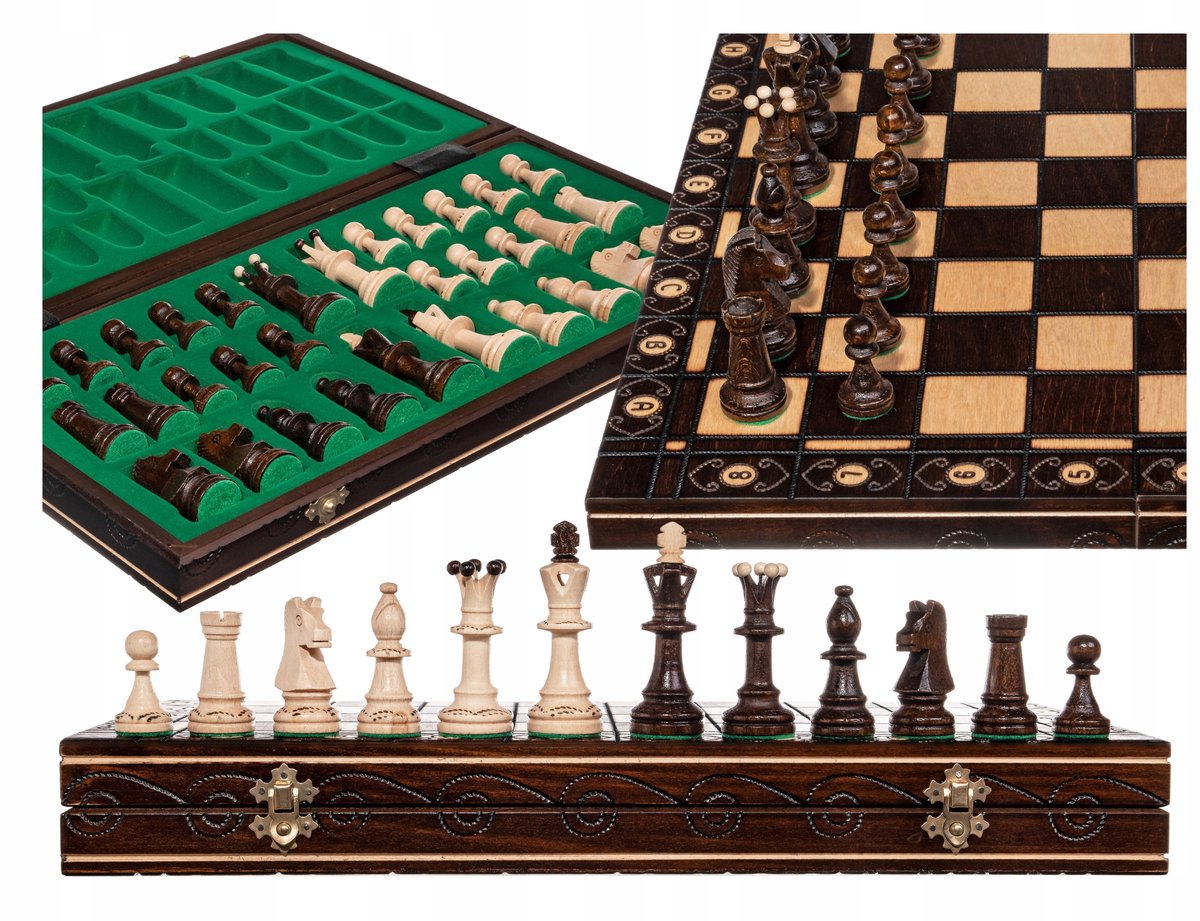 Strateg Houten Schaakset 48 cm Premium met Uitgebrande Details