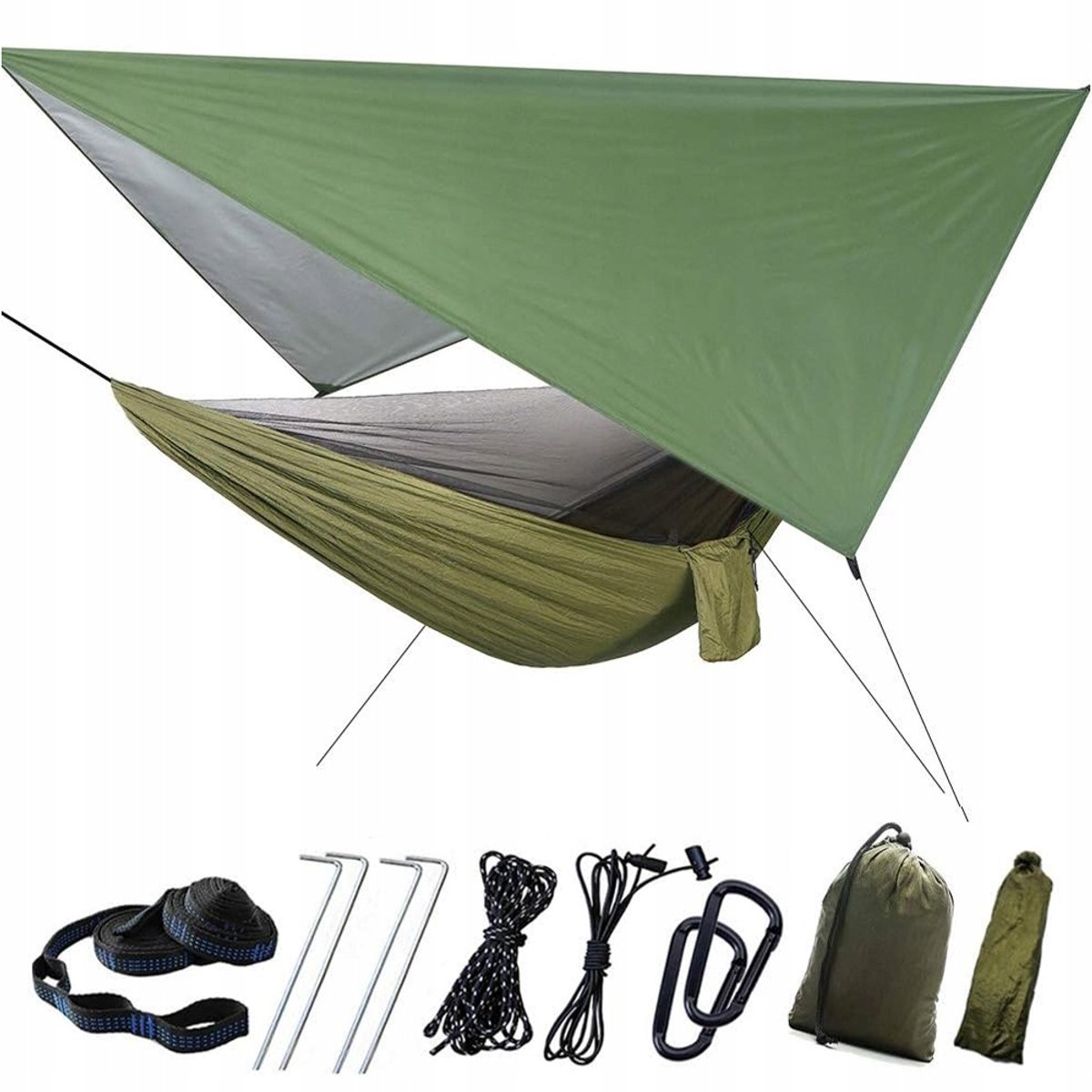 Luxe Campinghangmat met Klamboe & Regenhoesjes - 200kg - Groen
