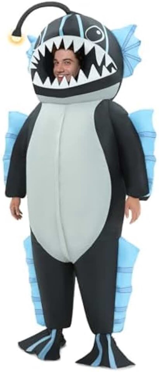 Opblaasbaar kostuum vissersvis voor volwassenen en kinderen, Halloween viskostuum voor mannen vrouwen, grappig Halloween kostuum om op te blazen voor feestjes cosplay