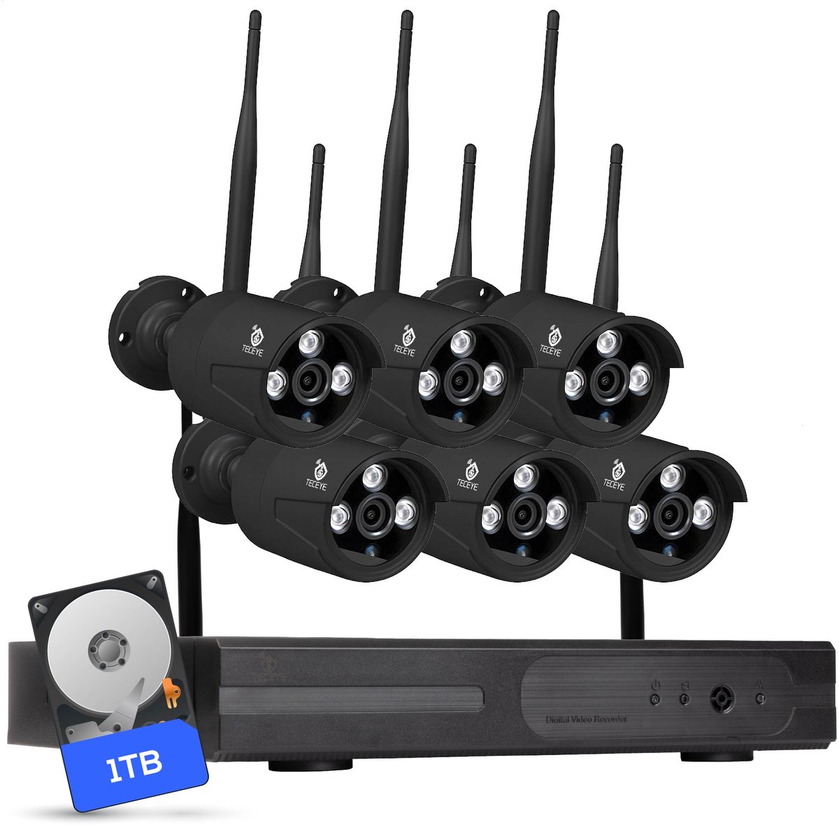 Teceye - Bullet Beveiligingscamera Buiten met Recorder - Draadloze Buitencamera - 6 Camera - 1TB Opslag