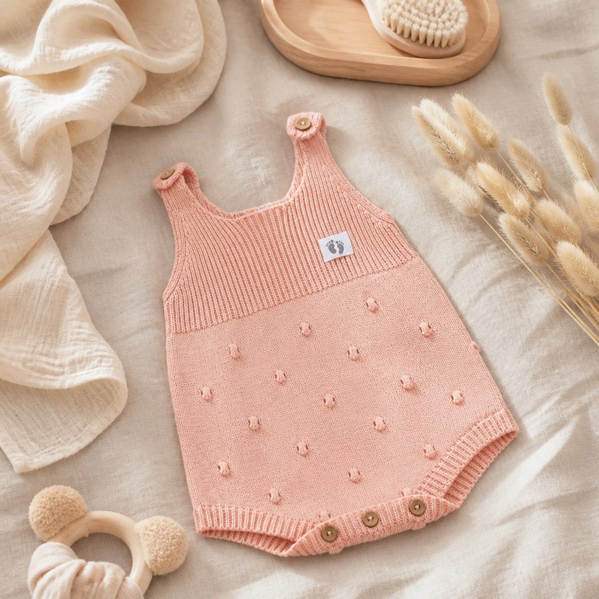 Nuvinokids Blushroze - Baby Romper - 100% Katoen - Maat 80 - Peuter - Kind - Newborn - Rompertje - Boxpakje - Babypakje - Kruippakje - Babykleding - Gebreide Romper - Lange Mouw - Drukknopen - Zacht en Ademend - Jongen - Meisje - Unisex - Kraamcadeau
