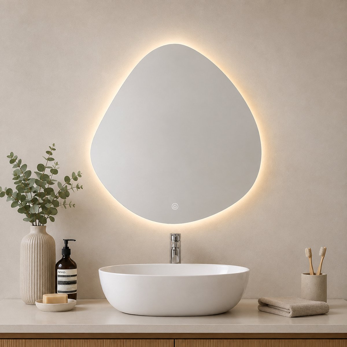 SensaHome Ethan Badkamerspiegel met LED Verlichting - Dimbaar - 2700K/4500K/6400K - Asymmetrisch - 65x65cm