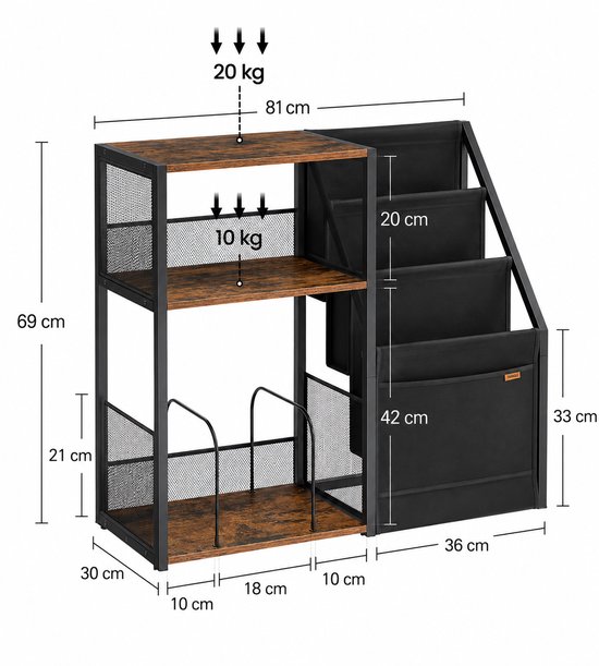 Loushops - Bijzettafel - Platenspeler meubel - Platenspeler kast - Vinyl kast - 3 Verdiepingen - 30 x 81 x 69 cm - Hout - Staal — afbeelding 2