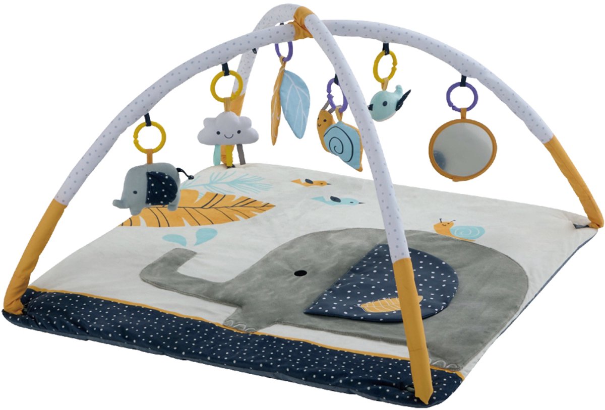 Fluffica - Safari Series Babygym - Olifant - Babyspeelmat - Activiteitenmat - Speelkleed met Speelbogen - Baby Speelboog met Spiegel en 5 Afneembare Hangspeeltjes - Sensorisch Babyspeelgoed - 86 x 86 cm
