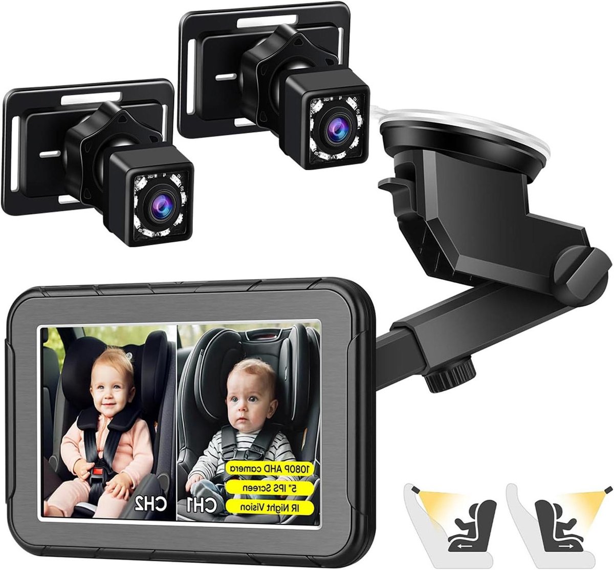 Baby Autocamera - Monitor Set - Veilig Reizen - Dubbel Kanaal HD - 5 Inch Scherm - Zwart