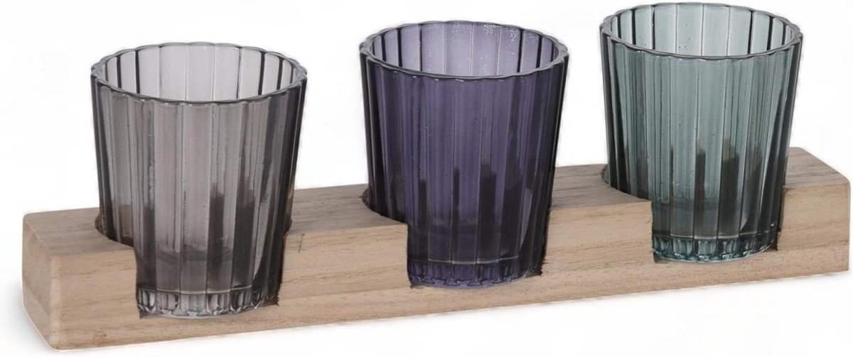 Theelichthouder set - Kaarsenhouder glas - Sfeervolle decoratie - Houten dienblad - 4 delig - Naturel