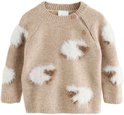 Een beige gebreide trui voor baby's, versierd met witte en bruine pluizige schaapapplicaties.