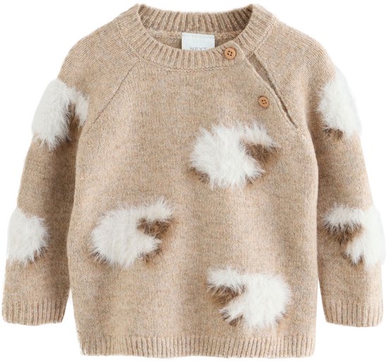 Een beige gebreide trui voor baby's, versierd met witte en bruine pluizige schaapapplicaties.