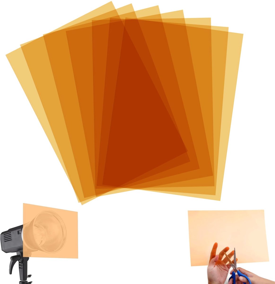 lichtfilter folie 7 stuks – 297x210 mm hittebestendige PVC kleurfolie – 0.3 mm dikke oranje lampfolie voor fotografie, DIY verlichting, decoratie en oogbescherming – Herbruikbare transp