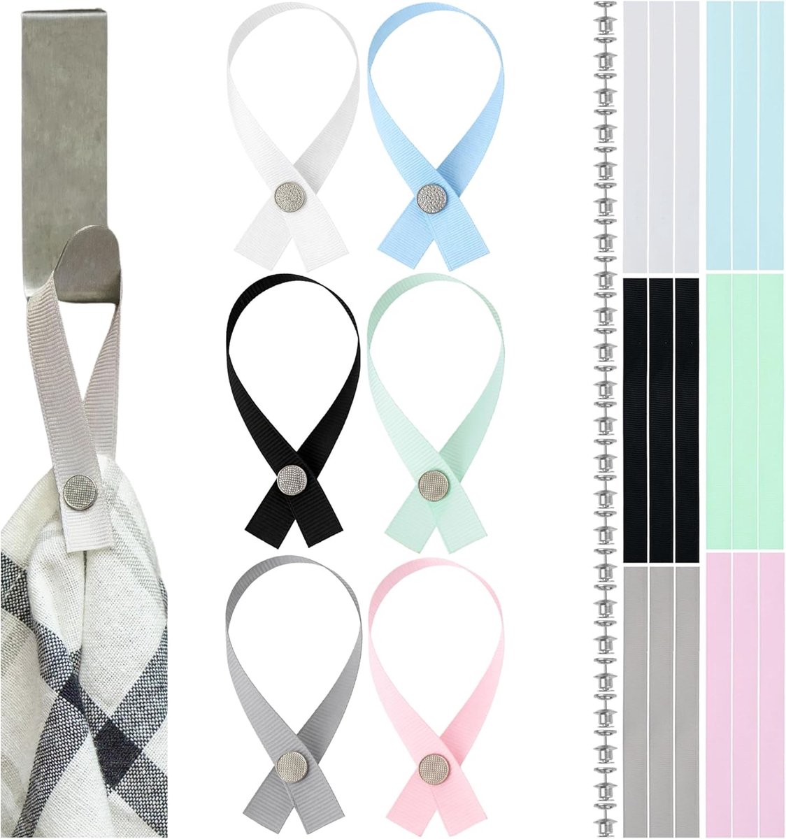 12-pack 180 x 12 mm grijze stoffen hangerlussen met pinknop sluiting, hangerlussen voor theedoek, badlaken, doek, decoratieve items, kampeeraccessoires