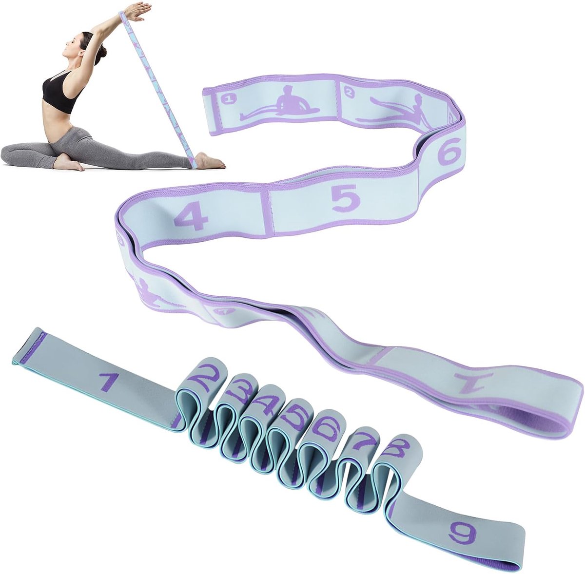 Fitnessband met lussen, 2 stuks, gymnastiekband met lussen, yoga stretchband, geschikt voor pilates, dans en gymnastiek, paars, 8 ringen, 90 cm + blauw, 9 ringen, 110 cm