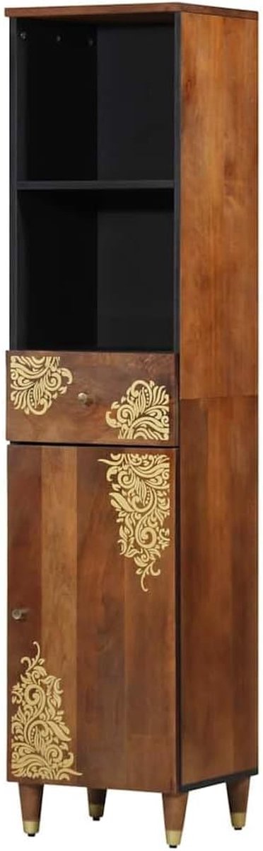 Badkamerkast Massief Hout - Opbergkast Dressoir - Badkamer Opbergen - Gouden Print Design - 38 x 33 x 160 cm