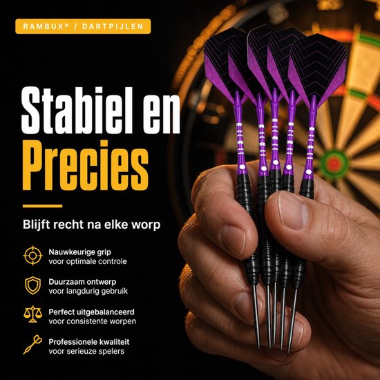 RAMBUX® Dartpijlen Set - Hardtip Dartpijlen - 23 Gram - 3 Stuks - Met Opbergdoos - Paars - Metalen Barrel - Sisal Dartbord van rambux — afbeelding 5