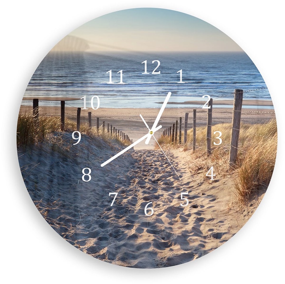 Mydesignglas Grote Glazen Wandklok XXL - Wandklok Rond - Gehard Glas - Pad naar de Noordzee Wit/ 60cm - Stille Klok voor Woonkamer & Keuken - Modern Design