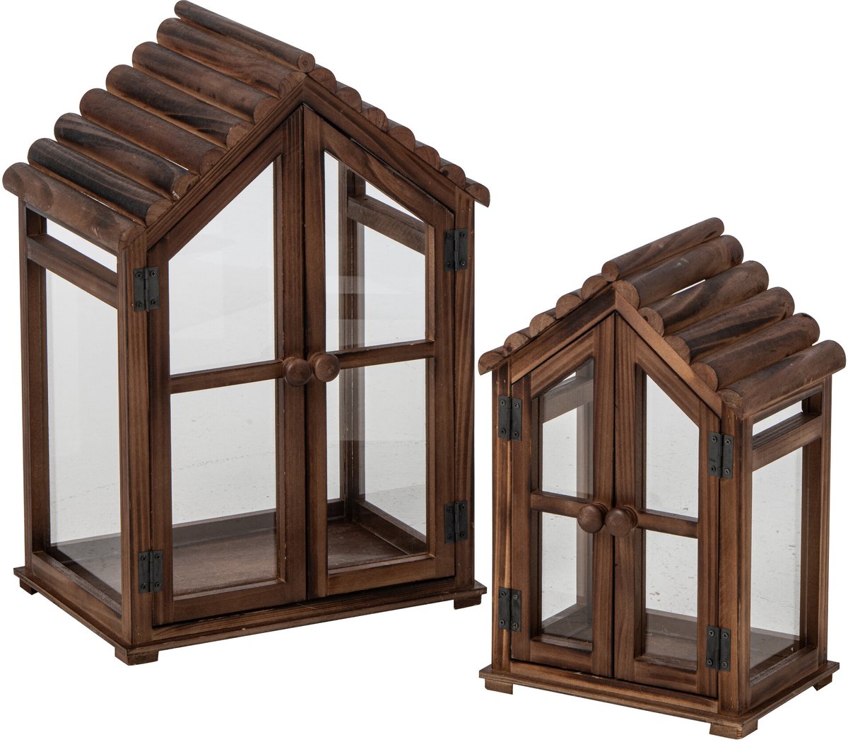 J-Line Lantaarns - dennenhout - bruin - set van 2