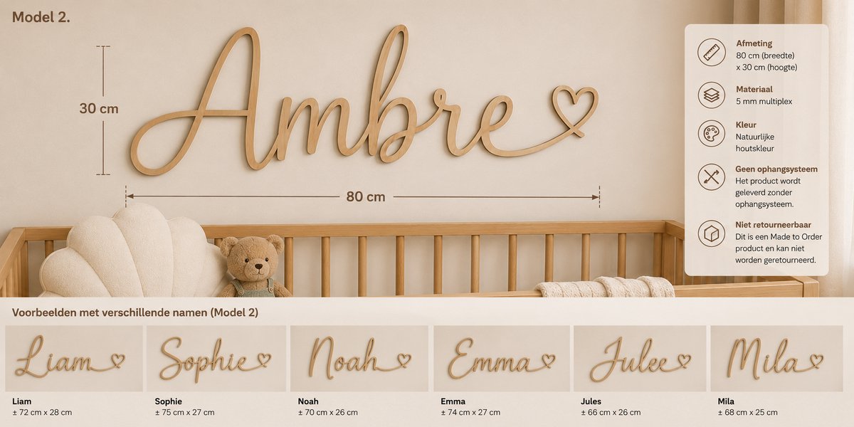 Gepersonaliseerde Houten Naam met Hartje – XXL Wanddecoratie Kinderkamer – 80 x 30 cm – 5 mm Multiplex – Babykamer Decoratie