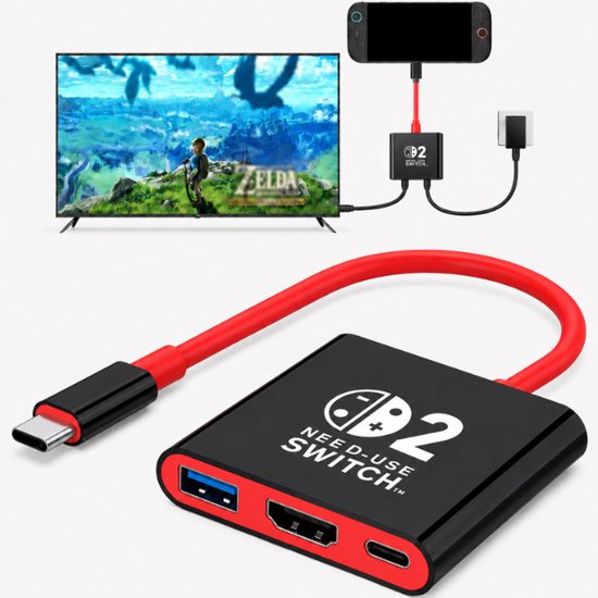 Zwarte adapter met rode kabel, toont verbinding met tv en Nintendo Switch.