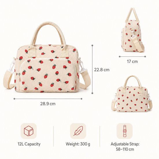 Koeltas - 12L Geïsoleerde Lunchtas met Verstelbare Schouderriem en Zijvakken - Opvouwbare Thermos Voedseltas voor Werk, Picknick en Reizen - Off-wit van Bobypet — afbeelding 2