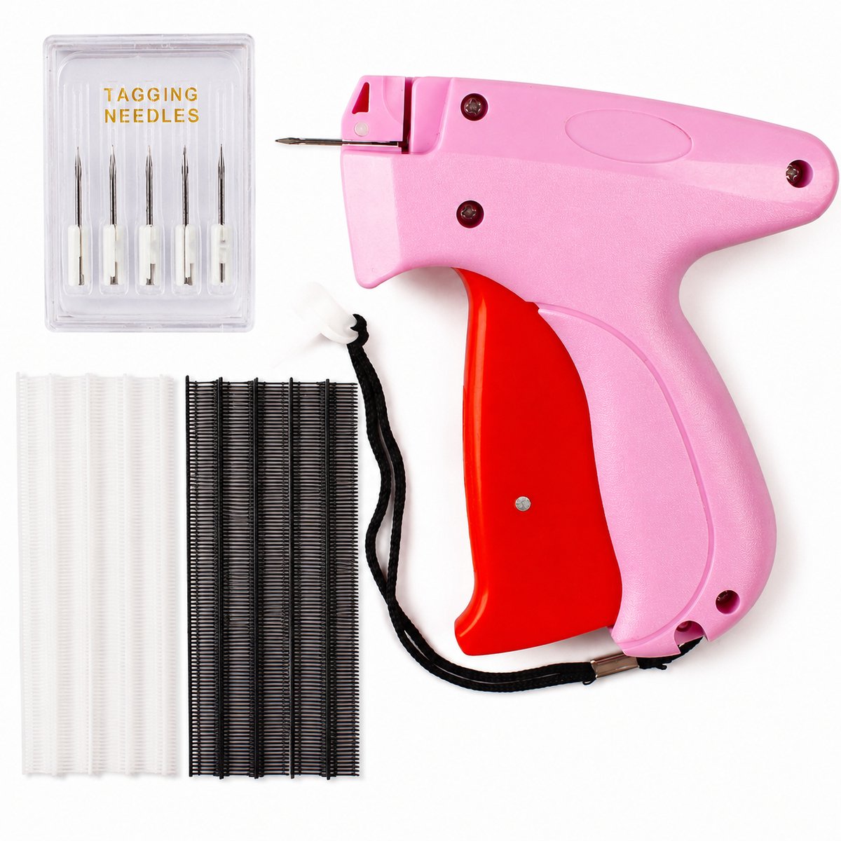 Kledingreparatiepistool – Handgereedschap en Snelgereedschap voor kledingreparatie – Draagbaar mini-naaigereedschap – Kledinglabelpistool – Rosérood (Wordt geleverd met 5 naalden + 5 mm zwarte en witte naalden met 1000 draden per inch)