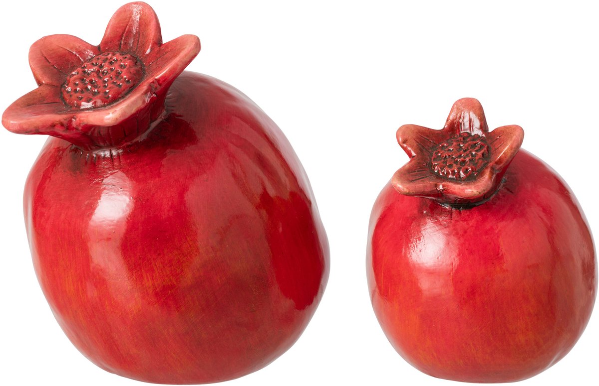 J-Line decoratie Granaatappel - keramiek - rood - 2 stuks
