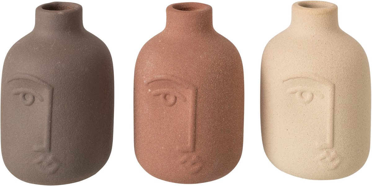 J-Line vaas Gezicht - porselein - ecru/bruin - small - 3 stuks