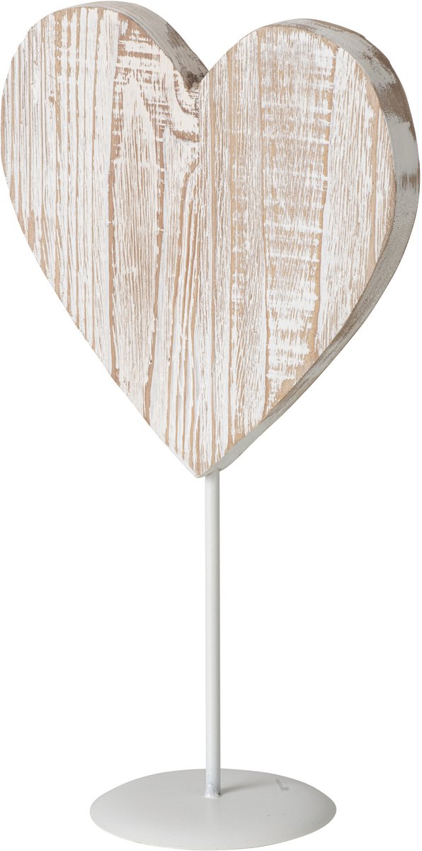 J-Line Hart op voet - hout - gebroken wit - large