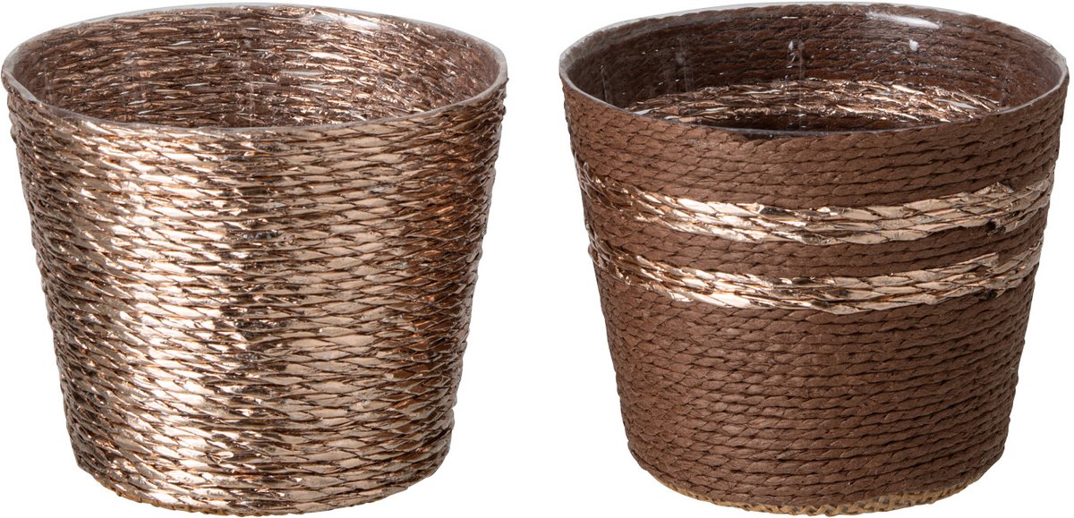 J-Line Gestreepte bloempot - papier - donkerbruin/champagne - extra small - assortiment van 2