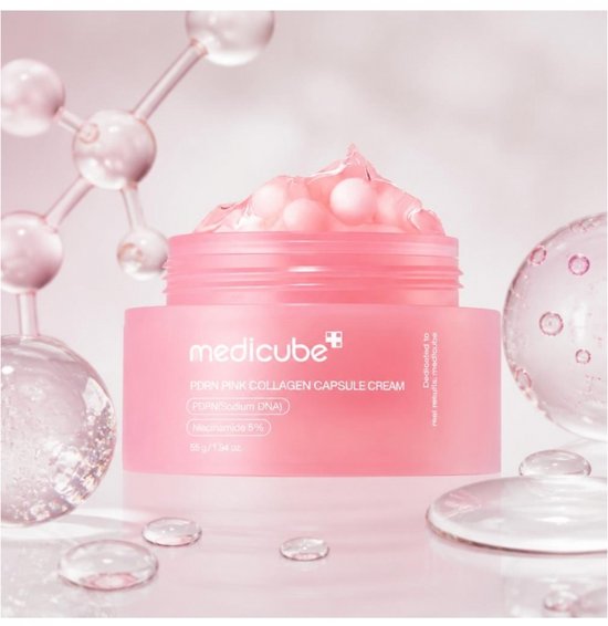 Medicube PDRN Pink Collagen Capsule Cream in een roze pot, met collageencapsules bovenop. Niacinamide 5%.