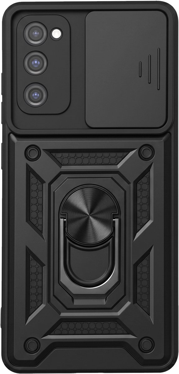 Mayaxess, Hoesje Geschikt voor Samsung Galaxy S20 FE met Schuifbare Cameraprotectie en Magnetische Ring, Zwart