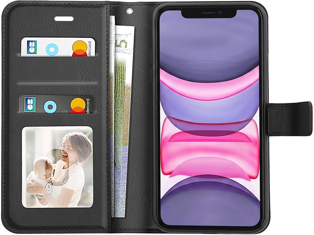 Mayaxess, Portemonnee Hoesje Geschikt voor Apple iPhone 11 met Polsbandje en Standaard, Zwart