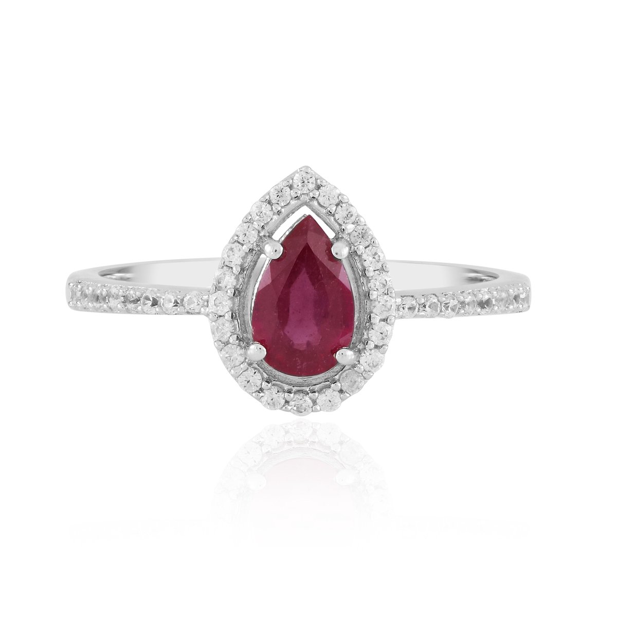 Cavill - Zilveren Ring met 0,936 Ct Peervormige Madagaskar Robijn - 925 Sterling Zilver Gerhodineerd - 38 Zirkonia's Pavé - Elegante Luxe Cocktailring
