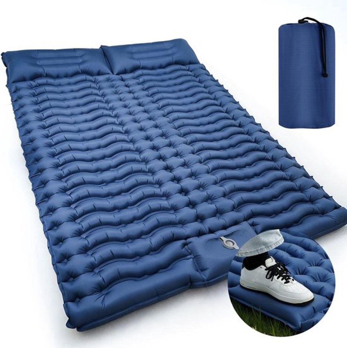 Dubbel geïsoleerde opblaasbare campingmat voor 2 personen, ultralicht slaapmatje met luchtpomp, 195 x 125 x 10 cm, ideaal voor kamperen, backpacken en wandelen