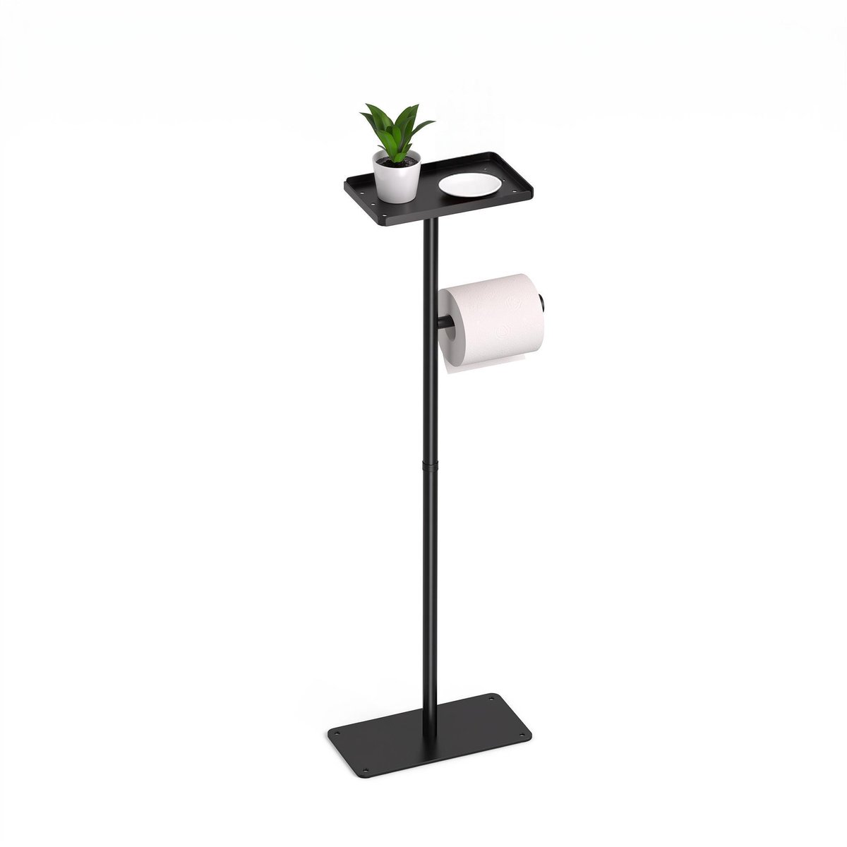 Vrijstaande Toiletpapierhouder – Zwart RVS – Reserve Rollenhouder – Plantenplateau – Badkamer